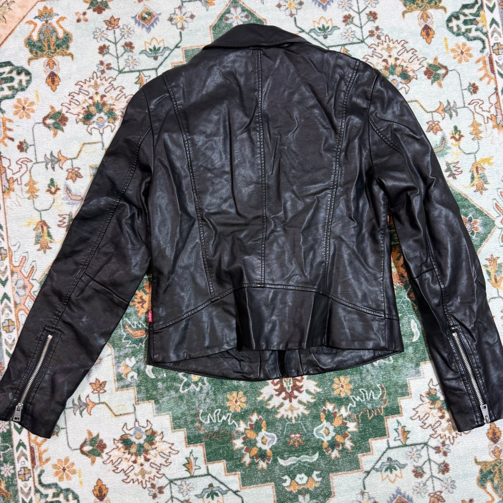 Levi Strauss Co Black Faux Leather Moto Jacket Womens Size M Zip Front Collar‎
